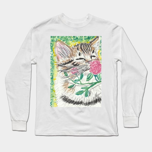 Kitten smelling flower Long Sleeve T-Shirt by SamsArtworks